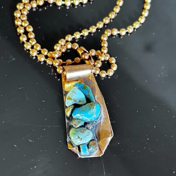 Kingman Turquoise Copper Pendant Necklace Brutalist Gift Choker 16" Handmade - Picture 6 of 6